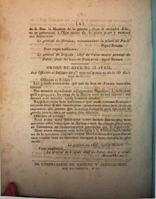 Extrait du Moniteur du 19 Avril 1814. Paris, le 18 avril 1814