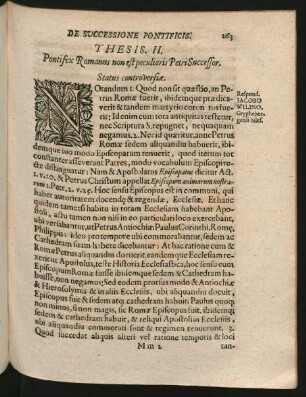Thesis. II. Pontifex Romanus non est peculiaris Petri Successor.