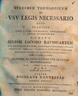 Specimen Theologicvm De Vsv Legis Necessario