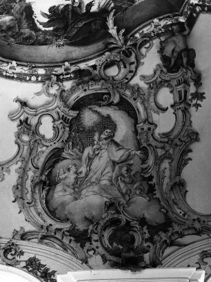 Kartusche mit Augustinus : Kartusche mit Augustinus. Fresko (1769; J. B. Enderle). Unterrammingen, Kirche Sankt Magnus, Langhaus