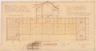 Voit, August von; München; Neue Pinakothek - Seitenschiff Süd - Notdach (Grundriss 1. OG, Querschnitt, Detail)