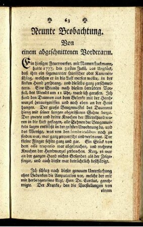 Neunte Beobachtung. Von einem abgeschnittenen Vorderarm