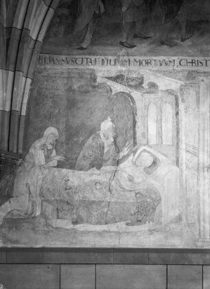 Wandmalerei im 1. Joch von Westen. — Feld 15: Linke Wandhälfte: Unten rechts: Eliseus erweckt den Sohn der Sunamitin.