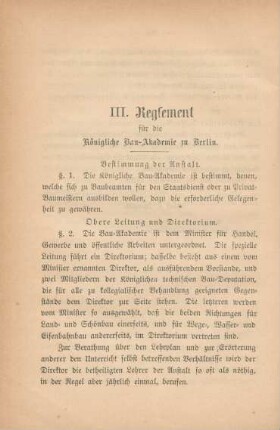 III. Reglement für die königliche Bau-Akademie zu Berlin.