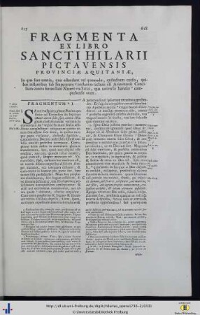 Fragmenta Ex Libro Sancti Hilarii Pictavensis Provinciae Aquitaniae.