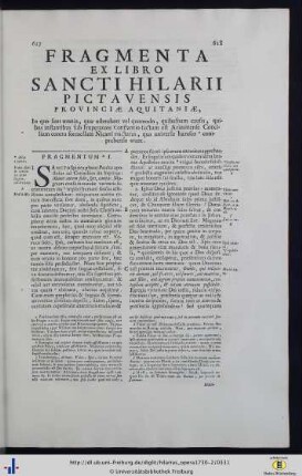 Fragmenta Ex Libro Sancti Hilarii Pictavensis Provinciae Aquitaniae.