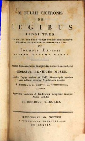 M. Tullii Ciceronis De legibus : libri tres