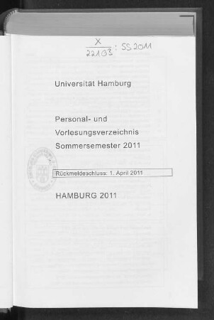 SS 2011: Personal- und Vorlesungsverzeichnis // Hamburgische Universität