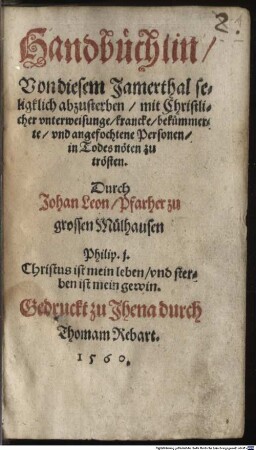 Handbüchlein, von diesem Jammerthal seligklich abzusterben