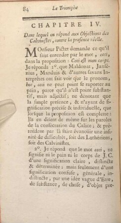 Chapitre IV. Dans lequel on répond aux Objections des Calvinistes, contre la presence réelle.