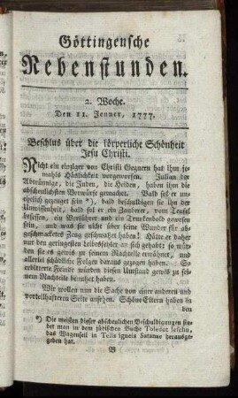 2. Woche. Den 11. Jenner, 1777