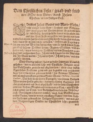 Dem Christlichen Leser/ gnad und fried von Gott dem Vater/ durch Jhesum Christum/ in dem Heiligen Geist.