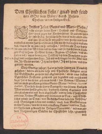 Dem Christlichen Leser/ gnad und fried von Gott dem Vater/ durch Jhesum Christum/ in dem Heiligen Geist.