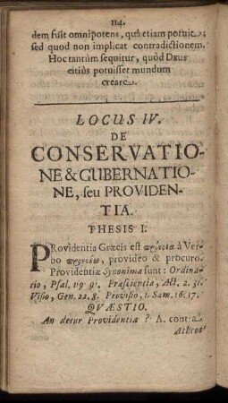 Locus IV. De Conservatione & Gubernatione, seu Providentia.