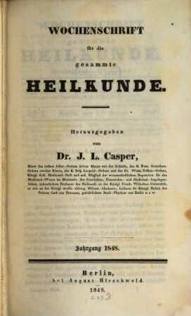 Wochenschrift für die gesammte Heilkunde. 1848, 1848