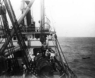 Verladen eines Mahagonistammes an Bord