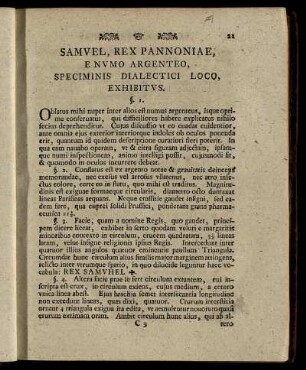 Samuel, Rex Pannoniae, E Numo Argenteo, Speciminis Dialectici Loco, Exhibitus.