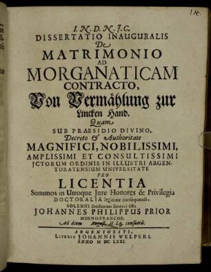 Dissertatio Inauguralis De Matrimonio Ad Morganaticam Contracto