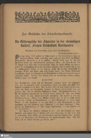 Zur Geschichte des Schneiderhandwerks : Die Gildengesetze der Schneider in der ehemaligen kaiserl. Freyen Reichsstadt Nordhausen