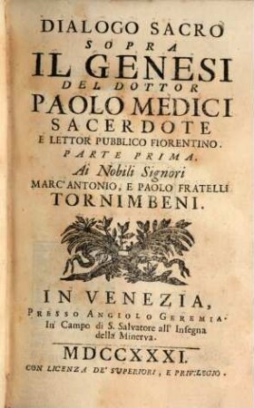 Dialoghi Sacri Sopra La Divina Scrittura, 1. Il Genesi
