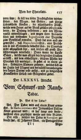 Der LXXXVI. Artickel. Vom Schnupf- und Rauch-Tabac.
