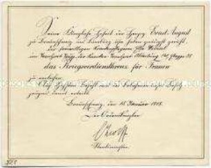Besitzzeugnis zum Kriegsverdienstkreuz für Frauen und Jungfrauen