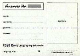 Vordruck eines Ausweises des FDGB, Kreis Leipzig (blanko)