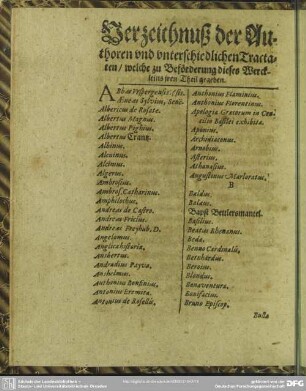 Verzeichnuß der Authoren und unterschiedlichen Tractaten, welche zu Beförderung dieses Werckleins iren Theil gegeben