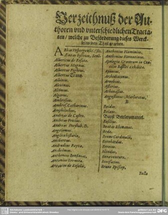 Verzeichnuß der Authoren und unterschiedlichen Tractaten, welche zu Beförderung dieses Werckleins iren Theil gegeben
