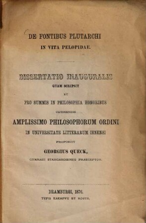 De fontibus Plutarchi in vita Pelopidae : Diss. inaug. Jenensis