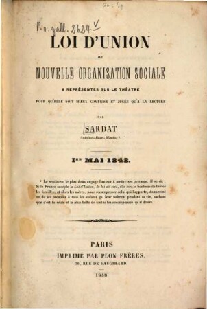 Loi d'union, ou nouvelle organisation Sociale : 1. mai 1848