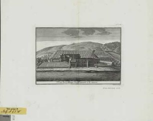 Ansicht des Klosters Waulsort, Belgien, Kupferstich, um 1720 : Vue de l'Abbaye de Wausort a la meuse / Remacle le Loup fec. - [S.l.] , [ca. 1720]. - 1 Kunstbl. : Kupferst. ; 22 x 14 cm