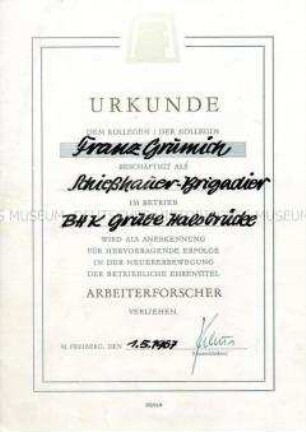 Urkunde zum betrieblichen Ehrentitels "Arbeiterforscher"