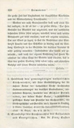 630-646 [Rezension] Permaneder, Michael, Handbuch des gemeingültigen katholischen Kirchenrechts, mit steter Berücksichtigung der die äußeren Seiten der katholischen Kirche berührenden Landes-Verordnungen der deutschen Bundesstaaten, insbesondere Bayerns
