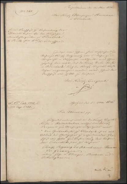 Erlasse des Königlich Bayerischen Bergamtes Kaiserslautern an den
                        Obersteiger in Odenbach betr. Materialbedarf etc.