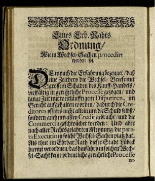 Eines Erb. rahts Ordnung / Wie in Wechsel-Sachen pricedirt werden sol.