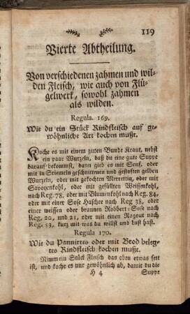 Vierte Abtheilung. Von verschiedenen zahmen und wilden Fleisch, wie auch von Flügelwerk, sowohl zahmen als wilden.