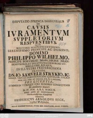 Dispvtatio Ivridica Inavgvralis De Cavsis Ivramentvm Svppletorivm Respventibvs