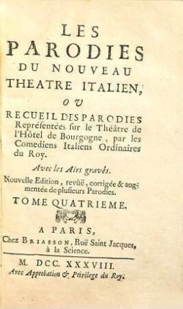 Les Parodies Du Nouveau Theatre Italien Ou Recueil Des Parodies : Représentées sur le Théâtre de l'Hôtel de Bourgogne, par les Comediens Italiens Ordinaires du Roy, 4
