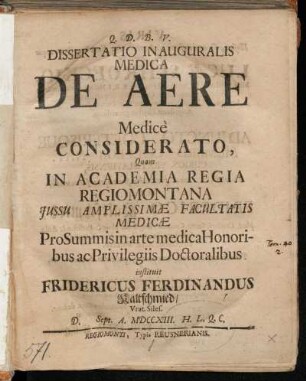 Dissertatio Inauguralis Medica De Aere Medicè Considerato