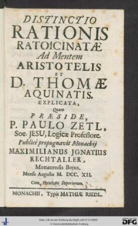 Distinctio Rationis Ratoicinatae Ad Mentem Aristotelis et D. Thomae Aquinatis. Explicata