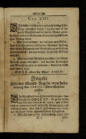 Zugabe etlicher Grund-Regeln / von Zubereitung des Hermetischen Geheimnisses