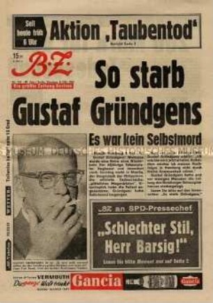 Fragment der Tageszeitung "BZ" u.a. zum Tod des Schauspielers Gustav Gründgens