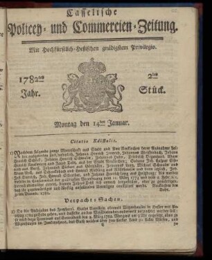 2tes Stueck, Montag den 14ten Januar. 1782