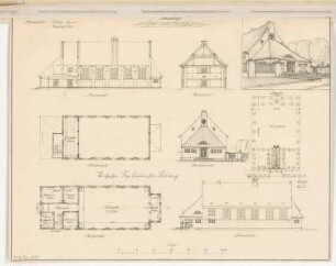 Turn- und Festhalle in einer Kleinstadt Monatskonkurrenz März 1919: Lageplan 1:1000; Grundriss Erdgeschoss, Emporengeschoss, Aufriss Straßenansicht, Seitenansicht, Längsschnitt, Querschnitt 1:200; perspektivische Ansicht; Maßstabsleiste