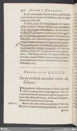 Observatio LXXXIX. De periculosa membri virilis abscisione