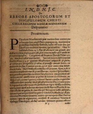 Disp. inaug. de errore apostolorum et discipulorum Christi circa regnum Messiae mundanum