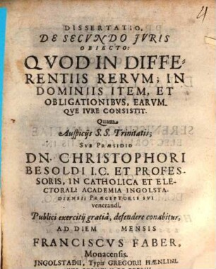 Dissertatio, De Secvndo Jvris Obiecto: Qvod In Differentiis Rervm; In Dominiis Item, Et Obligationibvs, Earvmqve Ivre Consistit