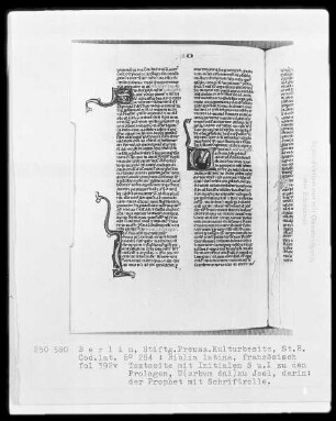 Biblia latina — Initiale V (erbum dui), darin der Prophet mit Schriftrolle, Folio 392verso