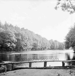 Kupfermühle: Blick auf Kupfermühlenteich: vorn Holzzaun: hinten Wald